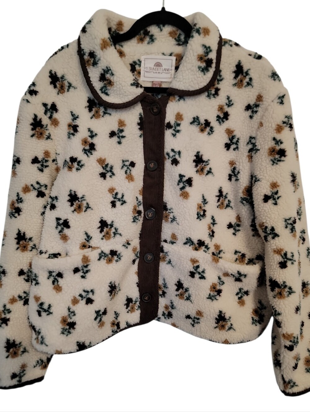 1 Sunset Lane Floral Sherpa Jacket - Cream with Brown Corduroy Trim